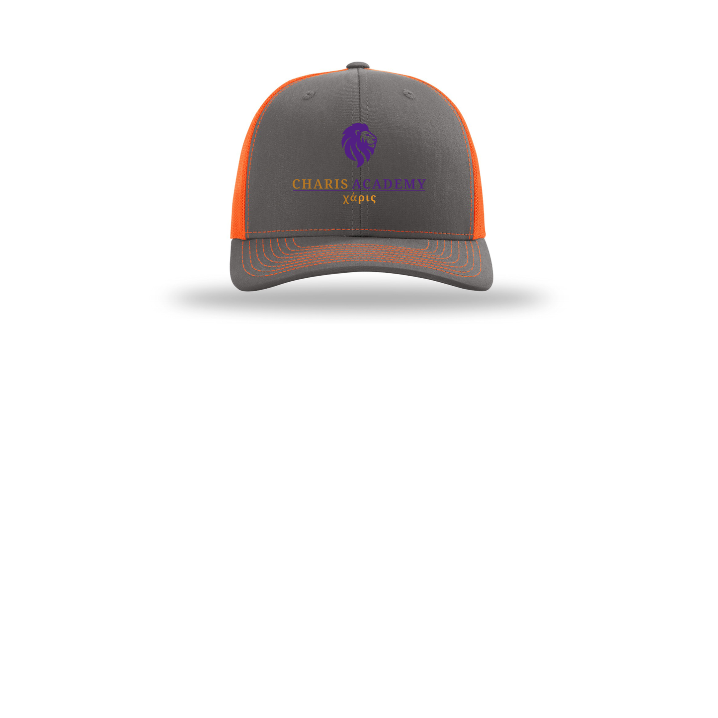 cahazleton-richardson-trucker-cap-embroidery-capfront-R112-charcoalneonorange-flat-front