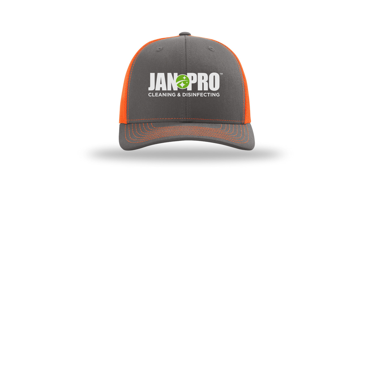 jan-pro-richardson-trucker-cap-embroidery-capfront-R112-charcoalneonorange-flat-front