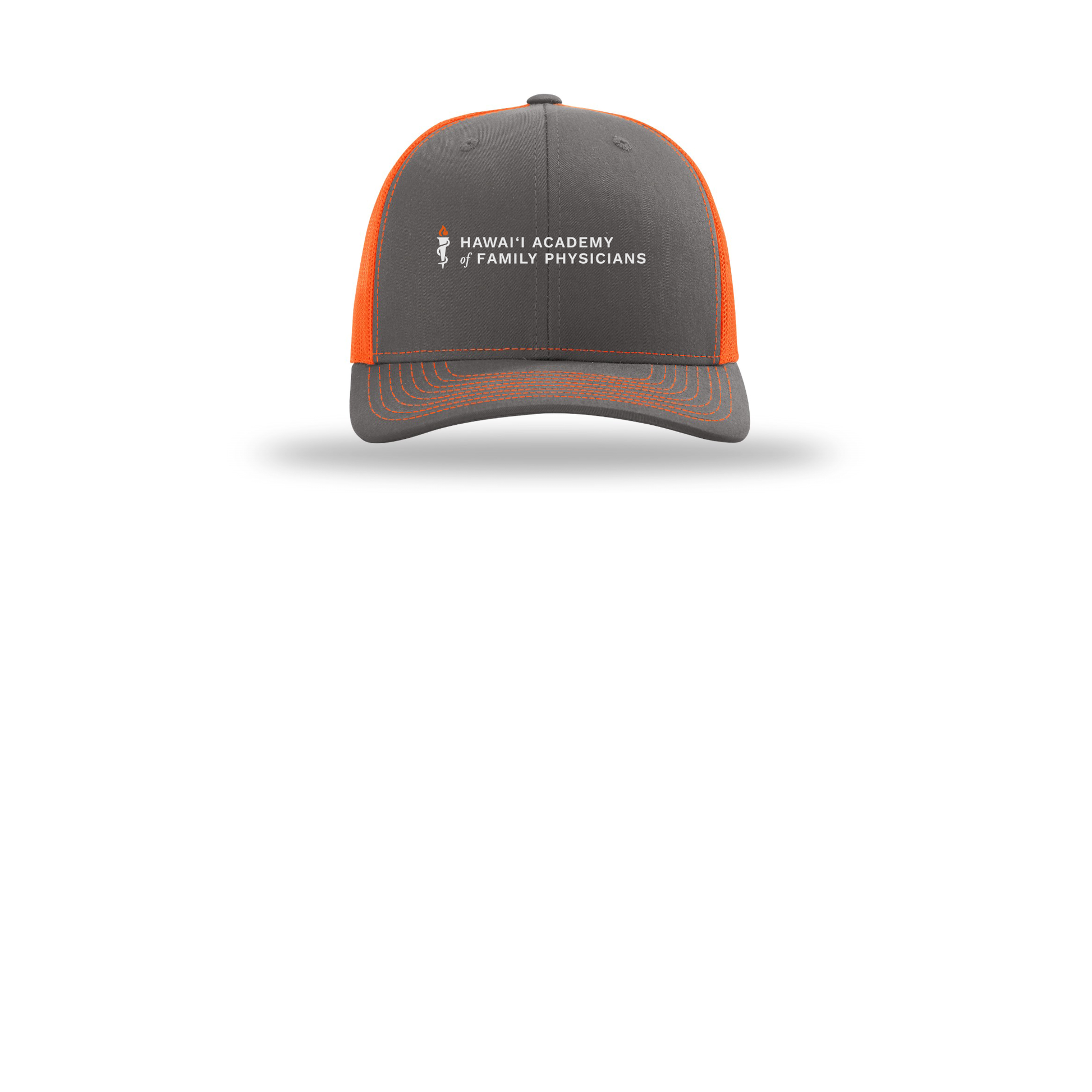 hafp-richardson-trucker-cap-embroidery-capfront-R112-charcoalneonorange-flat-front