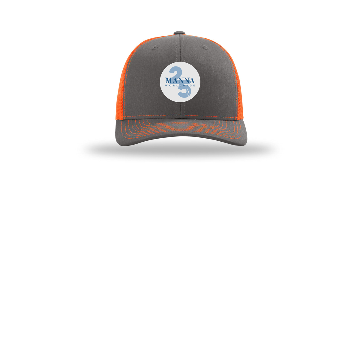 mannaworldwide-richardson-trucker-cap-embroidery-capfront-R112-charcoalneonorange-flat-front