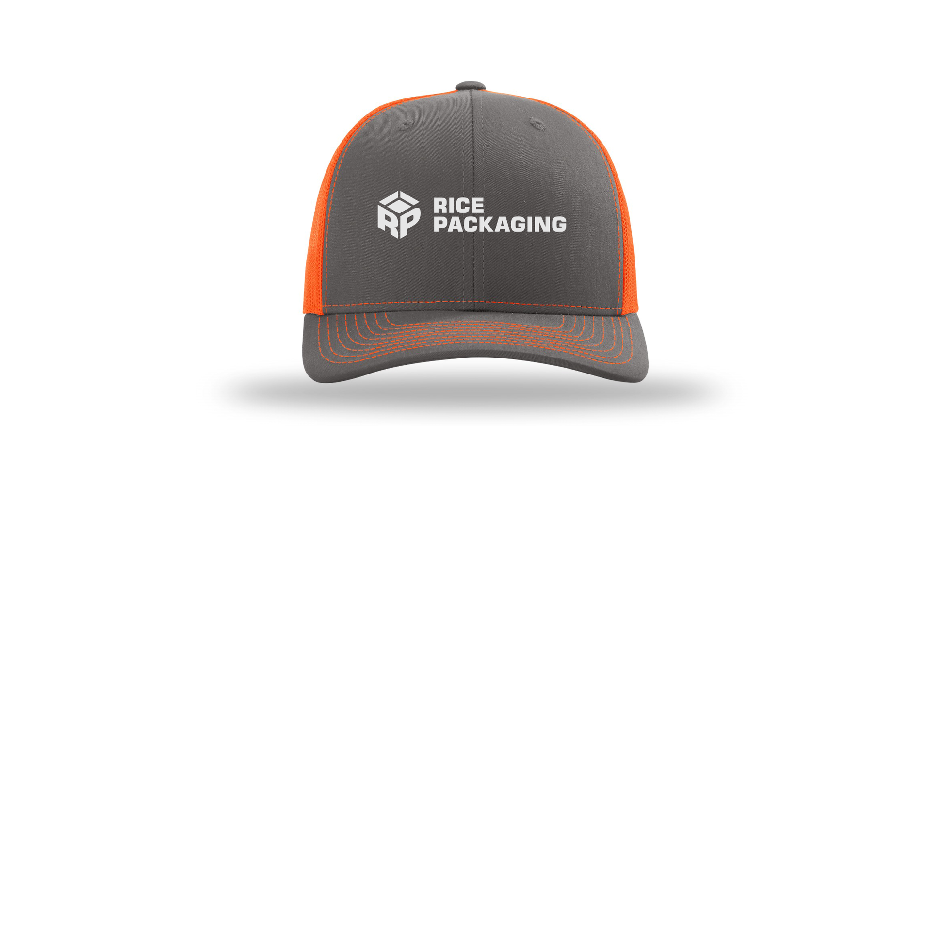 ricepackaging-richardson-trucker-cap-embroidery-capfront-R112-charcoalneonorange-flat-front