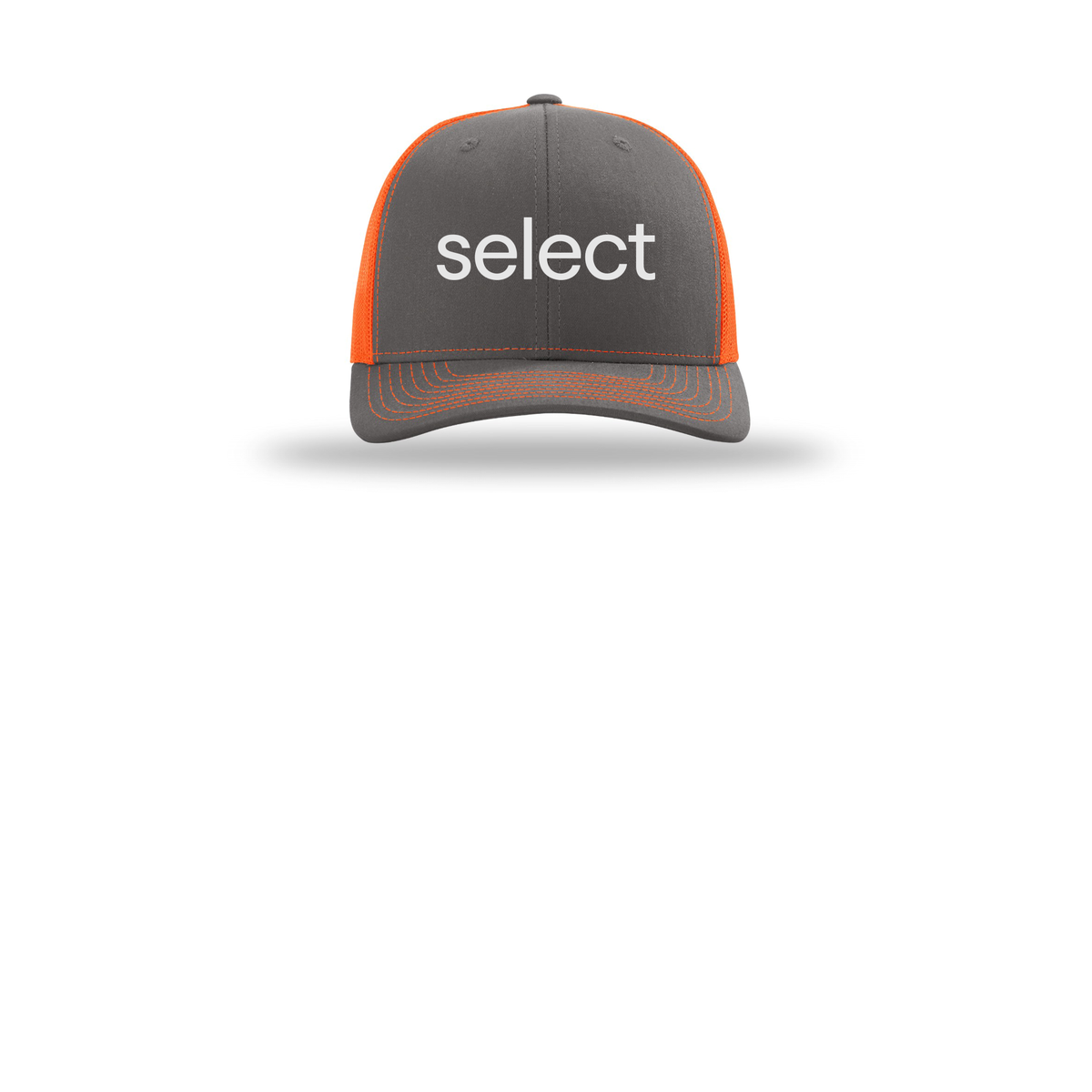meetselect-richardson-trucker-cap-embroidery-capfront-R112-charcoalneonorange-flat-front