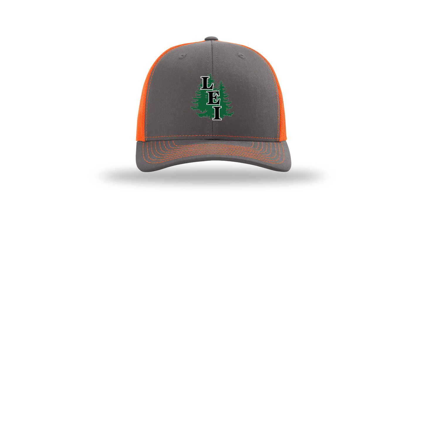 leisite-richardson-trucker-cap-embroidery-capfront-R112-charcoalneonorange-flat-front