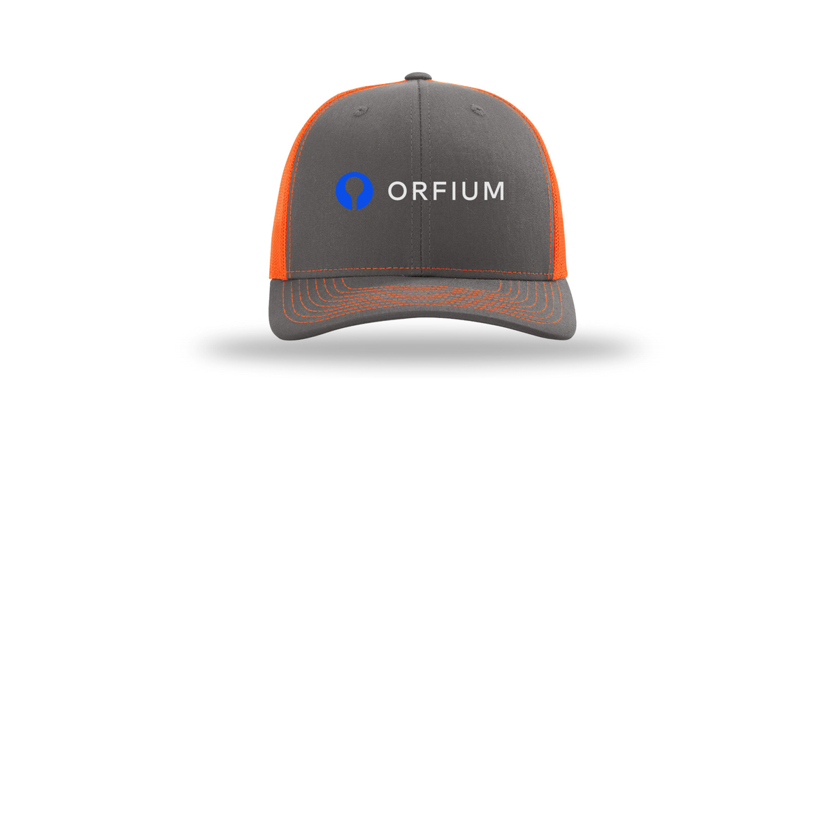 orfium-richardson-trucker-cap-embroidery-capfront-R112-charcoalneonorange-flat-front