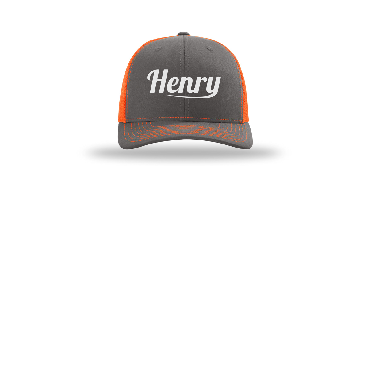 henrymeds-richardson-trucker-cap-embroidery-capfront-R112-charcoalneonorange-flat-front
