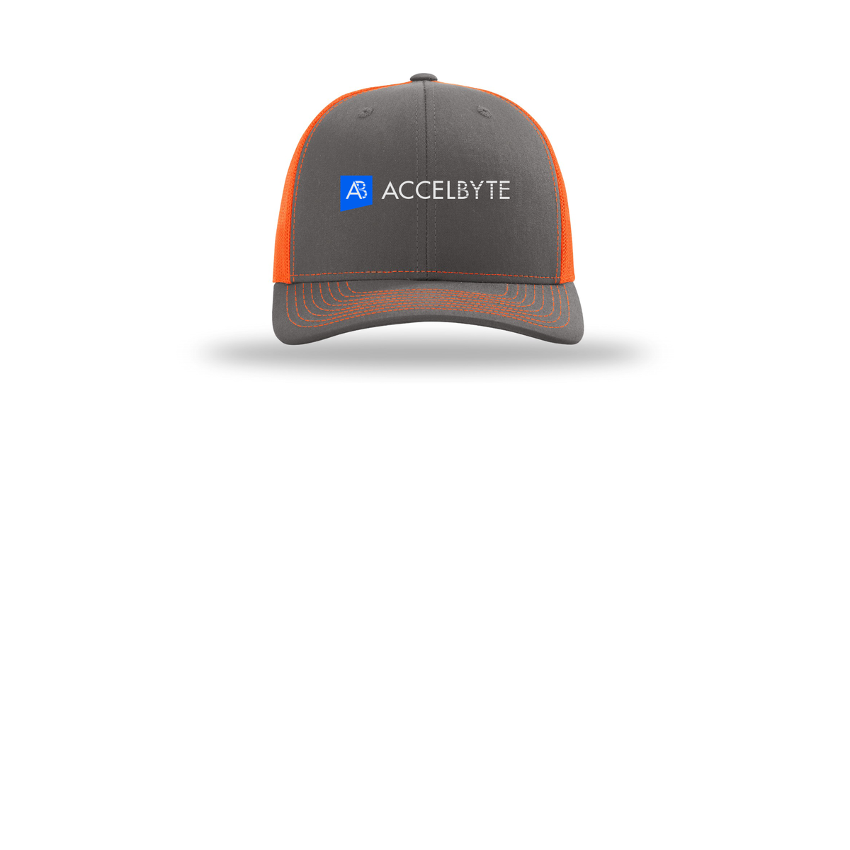 accelbyte-richardson-trucker-cap-embroidery-capfront-R112-charcoalneonorange-flat-front