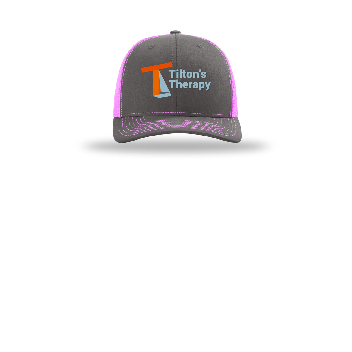 tiltonstherapy-richardson-trucker-cap-embroidery-capfront-R112-charcoalneonpink-flat-front