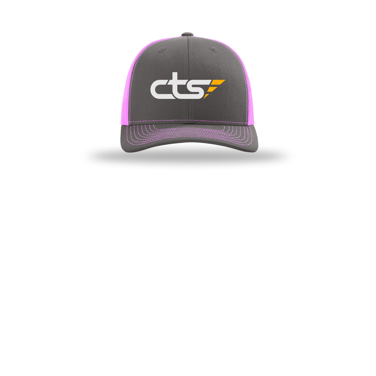 cts1-richardson-trucker-cap-embroidery-capfront-R112-charcoalneonpink-flat-front