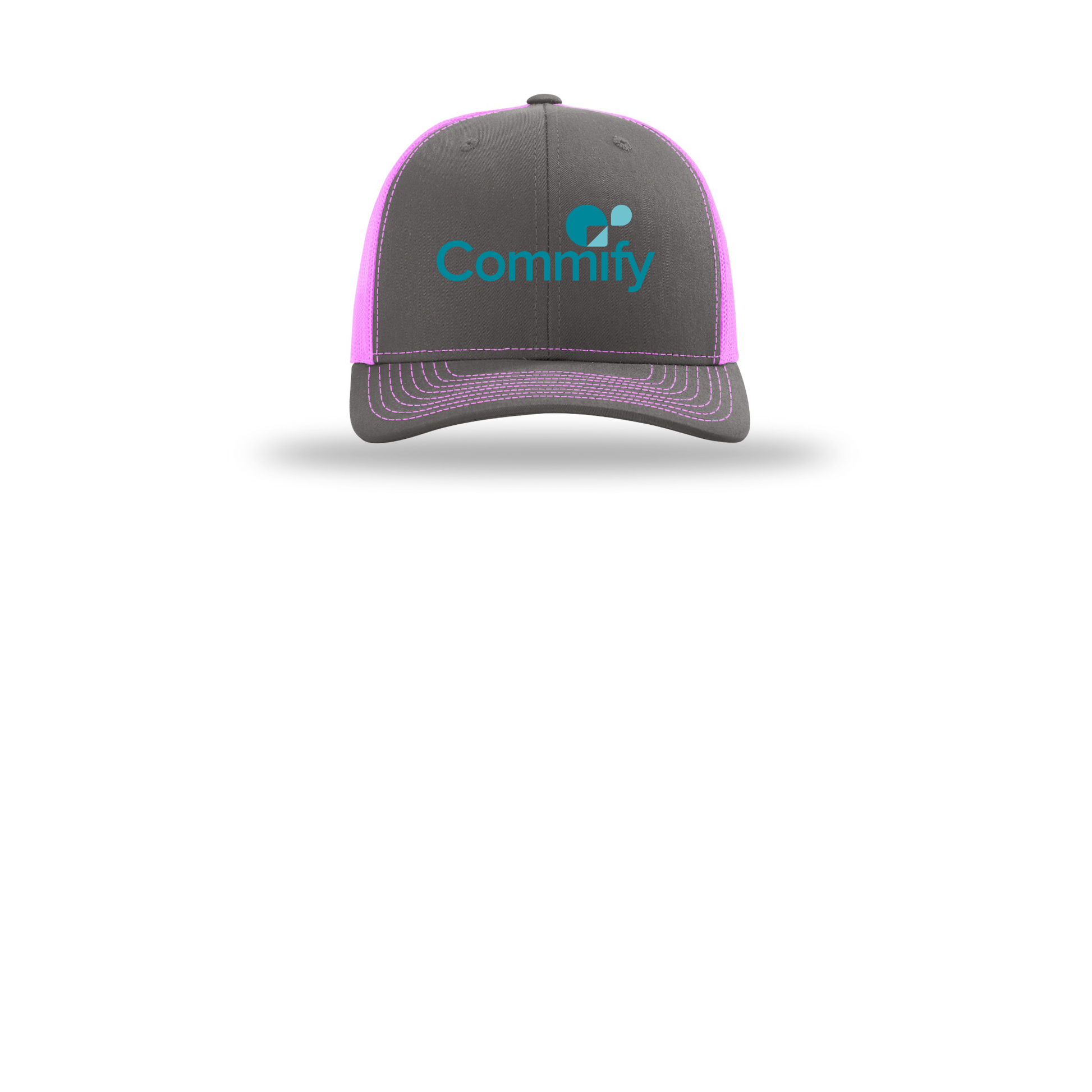 commify-richardson-trucker-cap-embroidery-capfront-R112-charcoalneonpink-flat-front