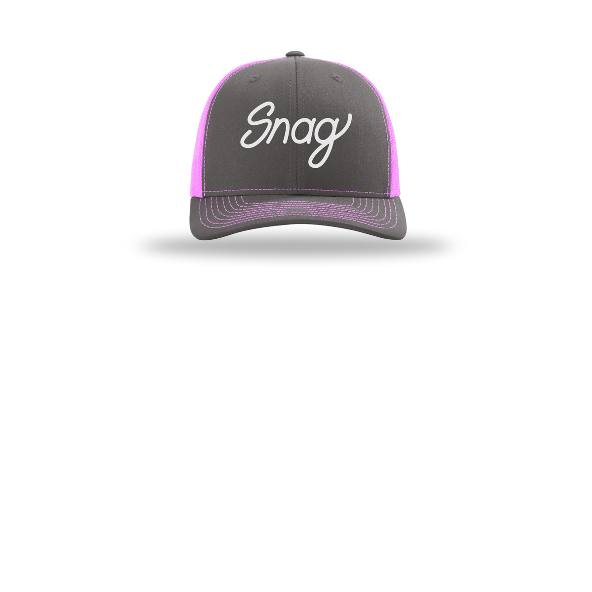 snagdelivery-richardson-trucker-cap-embroidery-capfront-R112-charcoalneonpink-flat-front