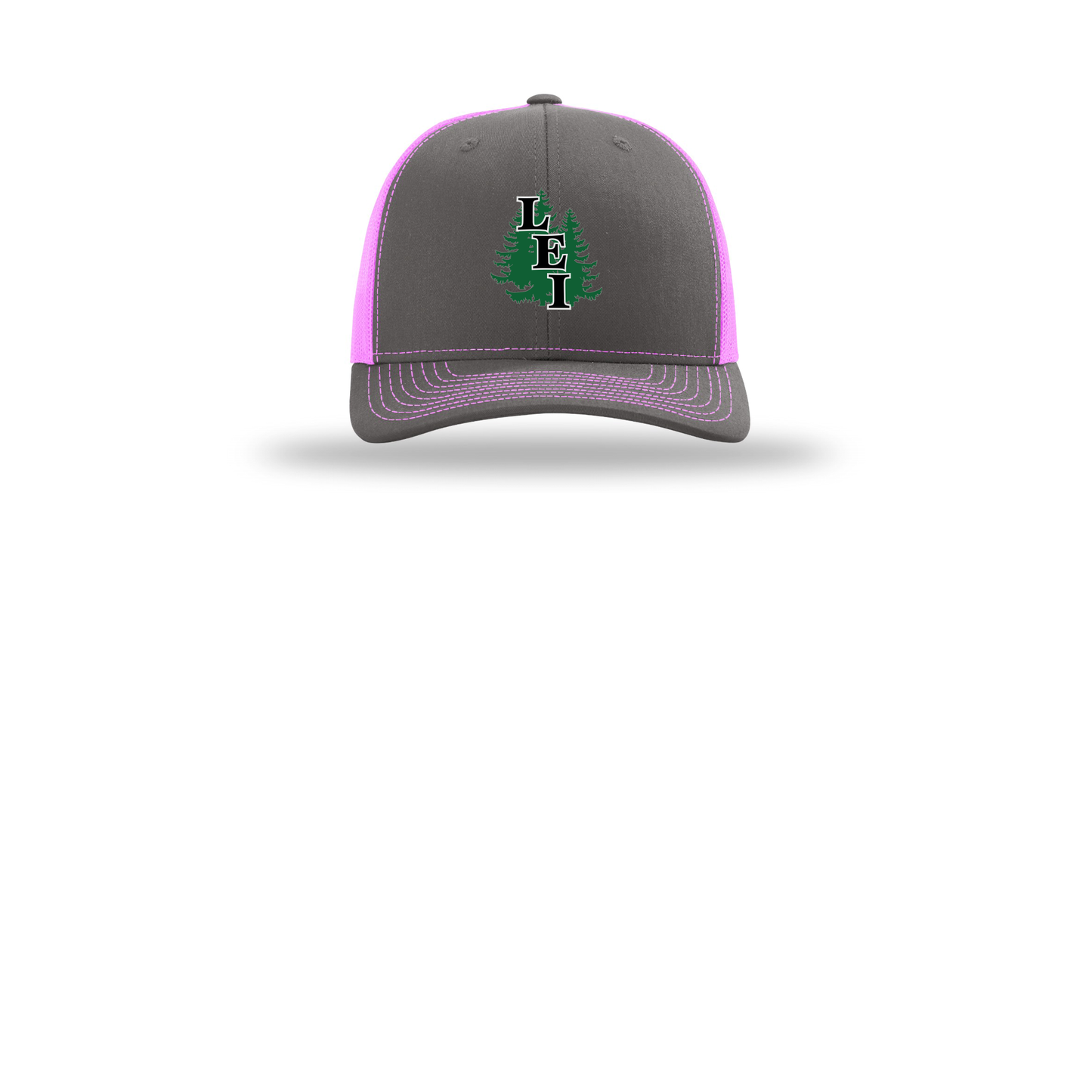 leisite-richardson-trucker-cap-embroidery-capfront-R112-charcoalneonpink-flat-front