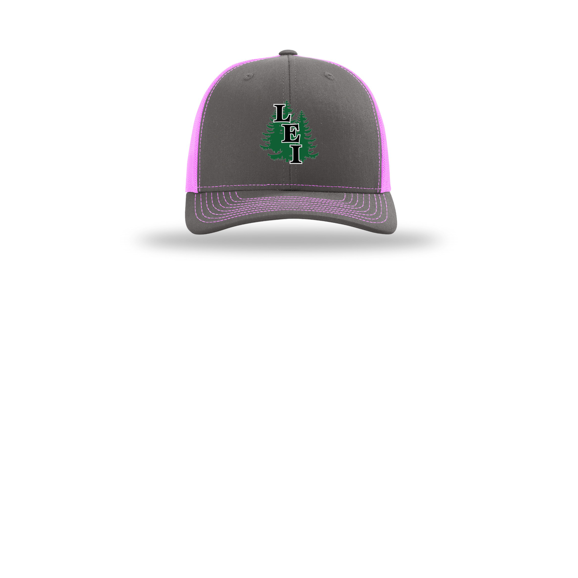 leisite-richardson-trucker-cap-embroidery-capfront-R112-charcoalneonpink-flat-front