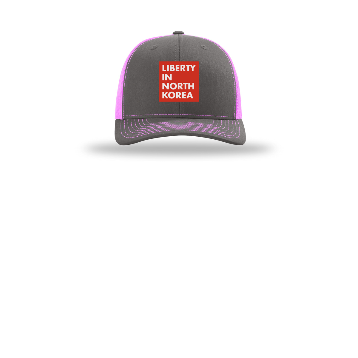 libertyinnorthkorea-richardson-trucker-cap-embroidery-capfront-R112-charcoalneonpink-flat-front