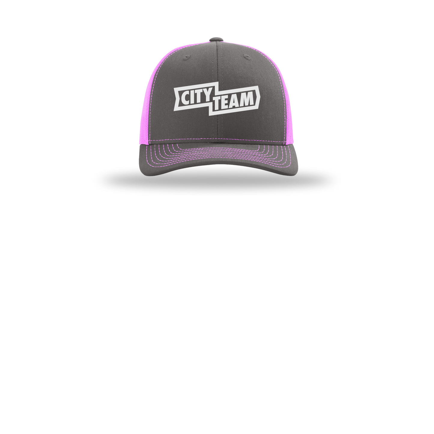 cityteam-richardson-trucker-cap-embroidery-capfront-R112-charcoalneonpink-flat-front