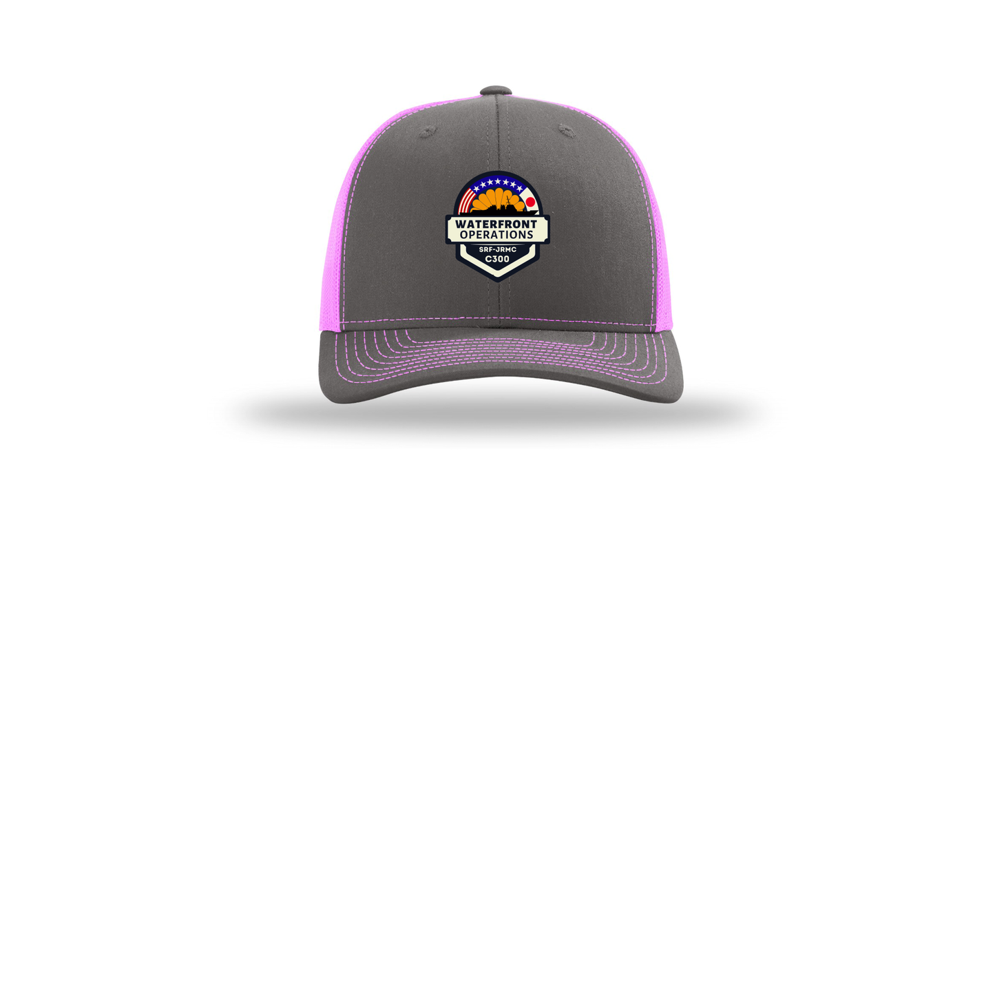 waterfront-operations-retro-trucker-cap-embroidery-capfront-R112-charcoalneonpink-flat-front