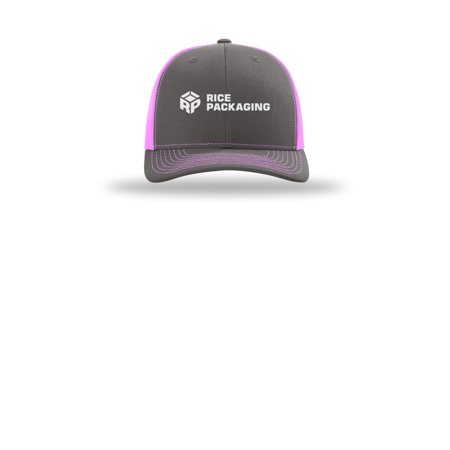 ricepackaging-richardson-trucker-cap-embroidery-capfront-R112-charcoalneonpink-flat-front