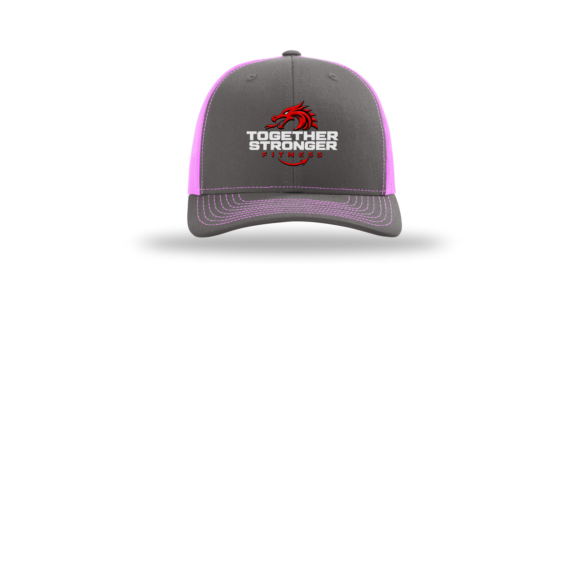 togetherstrongerfitness-richardson-trucker-cap-embroidery-capfront-R112-charcoalneonpink-flat-front