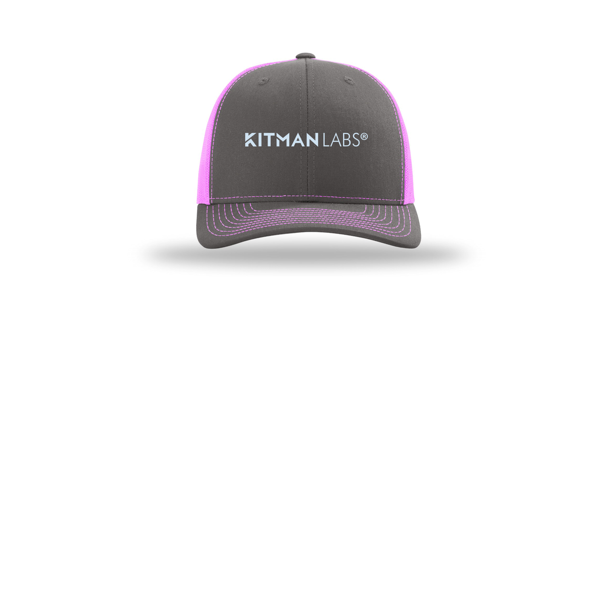 kitmanlabs-richardson-trucker-cap-embroidery-capfront-R112-charcoalneonpink-flat-front
