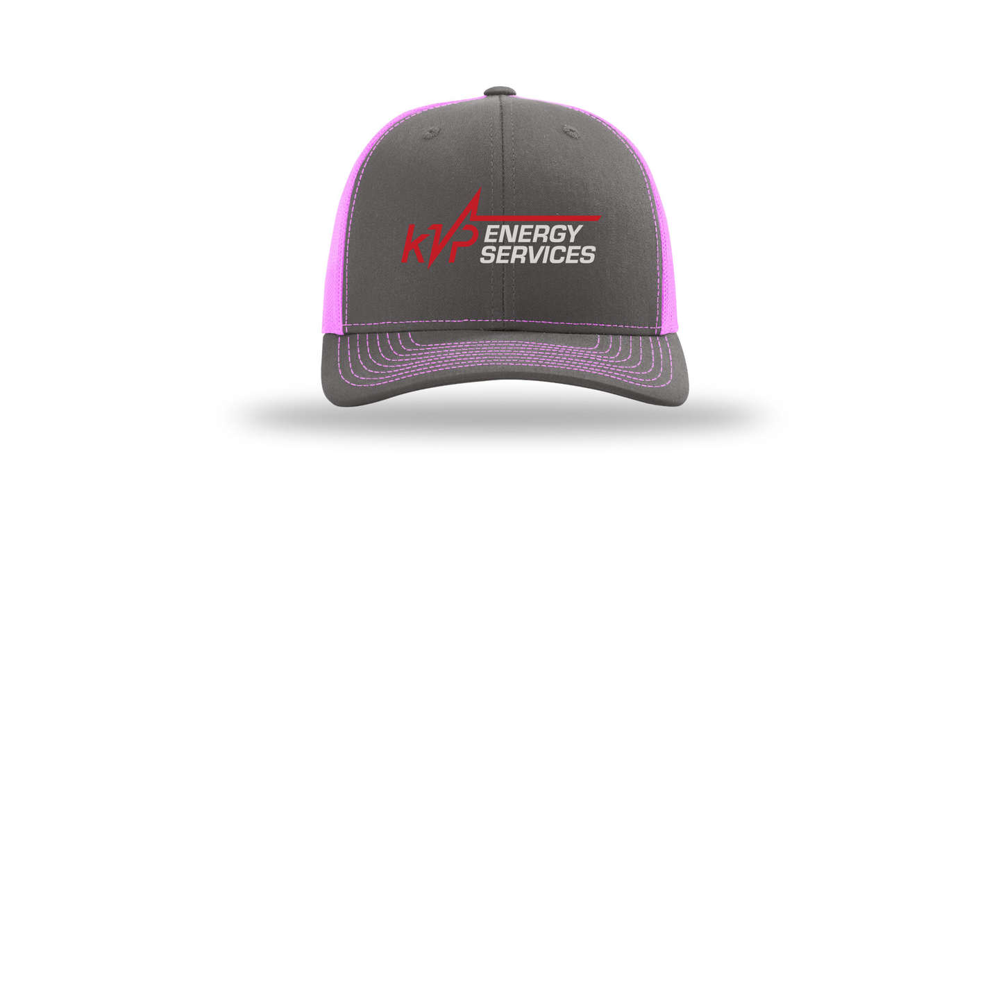 kvpenergy-richardson-trucker-cap-embroidery-capfront-R112-charcoalneonpink-flat-front