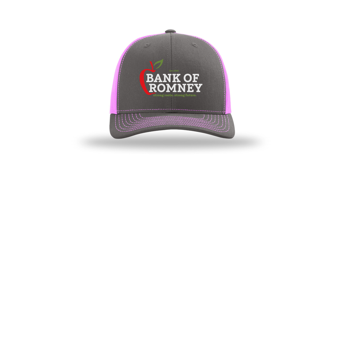 bankofromney-richardson-trucker-cap-embroidery-capfront-R112-charcoalneonpink-flat-front