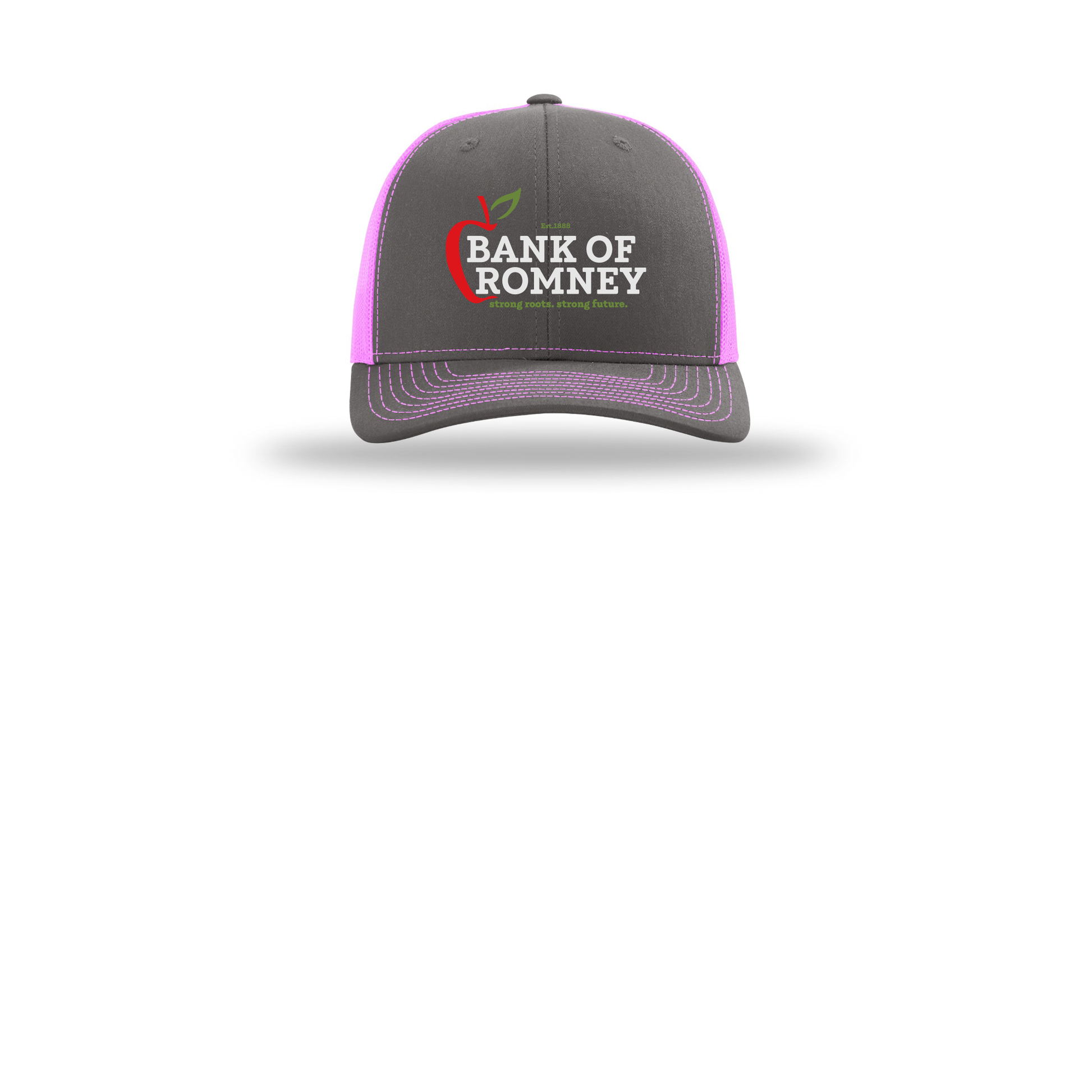 bankofromney-richardson-trucker-cap-embroidery-capfront-R112-charcoalneonpink-flat-front