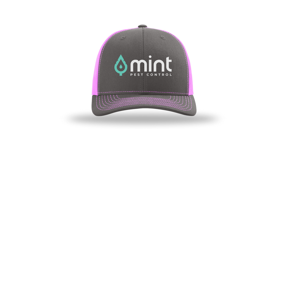 mintpest-richardson-trucker-cap-embroidery-capfront-R112-charcoalneonpink-flat-front