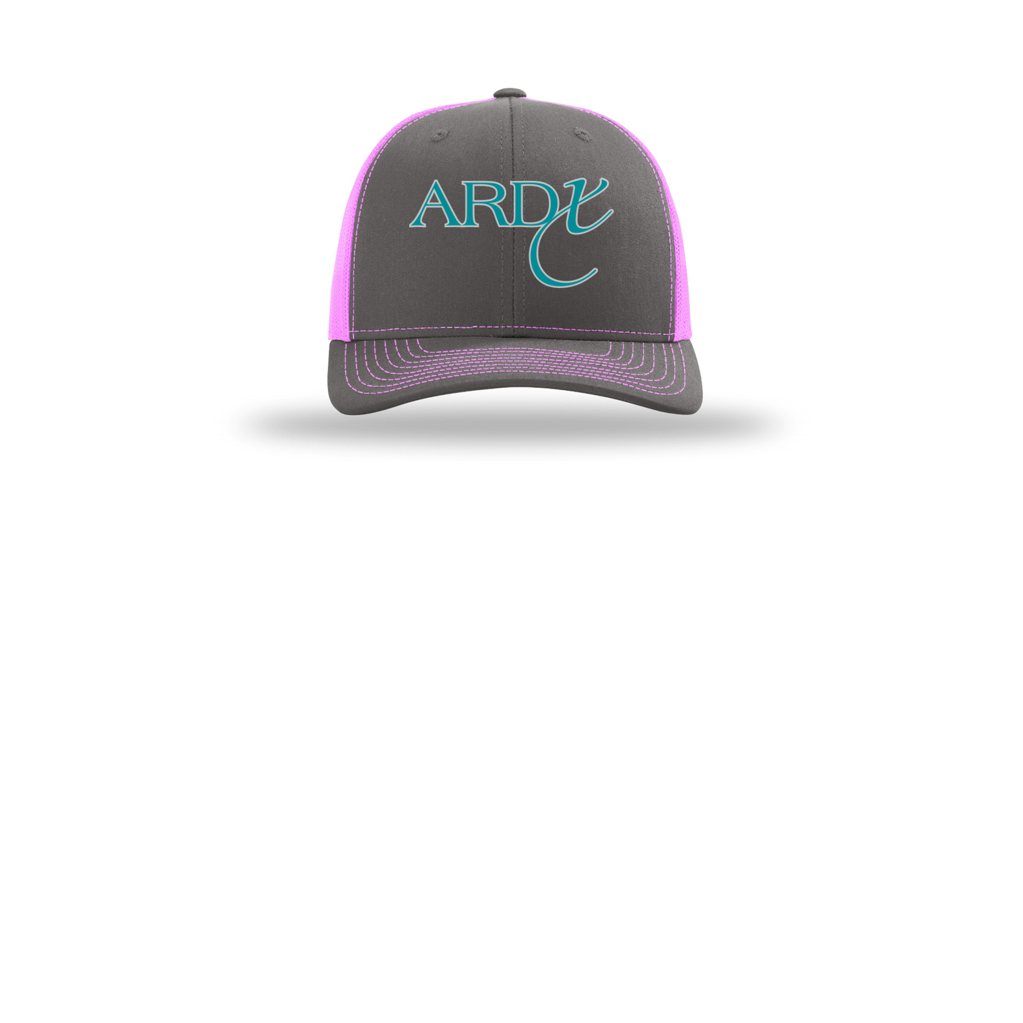 ardx-richardson-trucker-cap-embroidery-capfront-R112-charcoalneonpink-flat-front