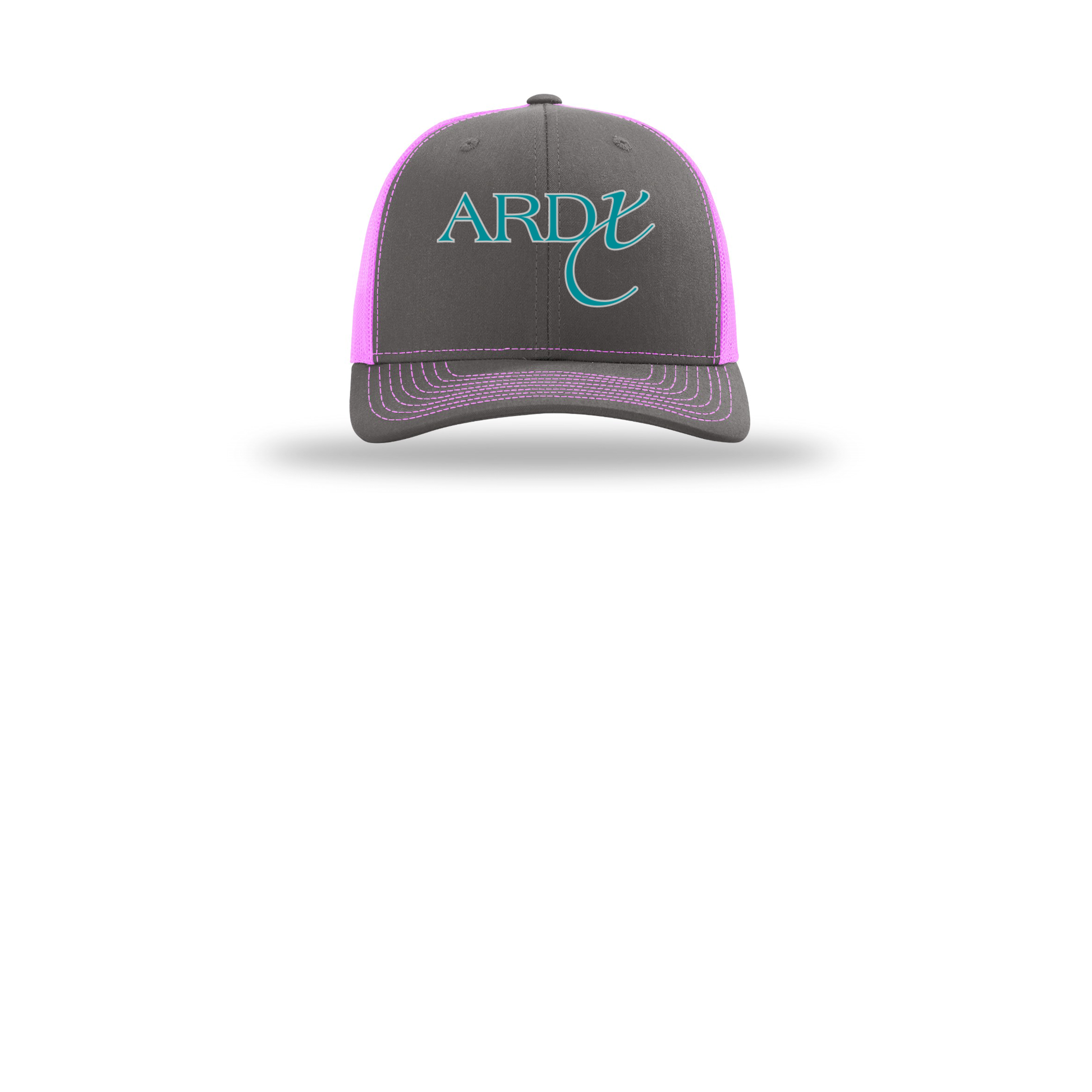 ardx-richardson-trucker-cap-embroidery-capfront-R112-charcoalneonpink-flat-front