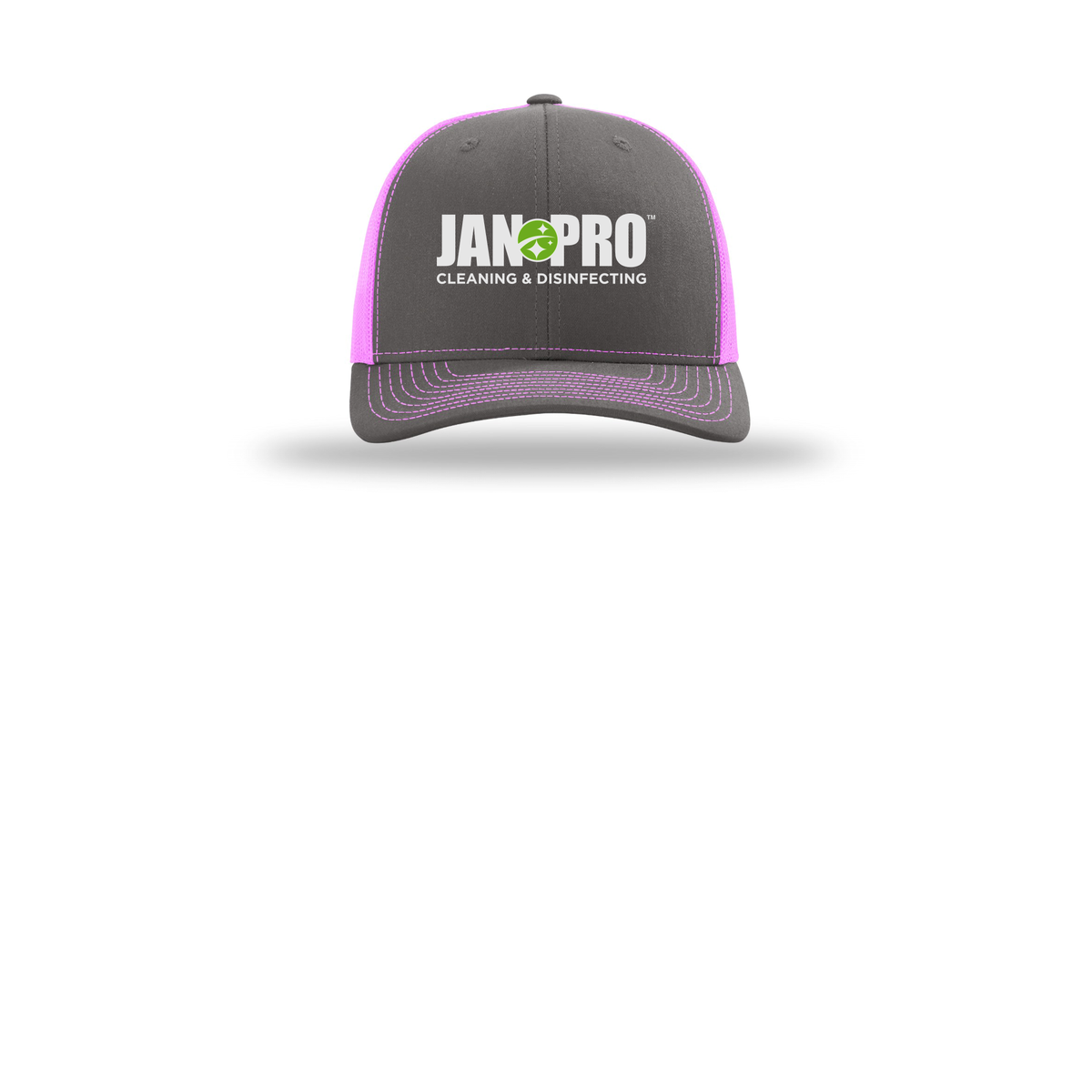 jan-pro-richardson-trucker-cap-embroidery-capfront-R112-charcoalneonpink-flat-front