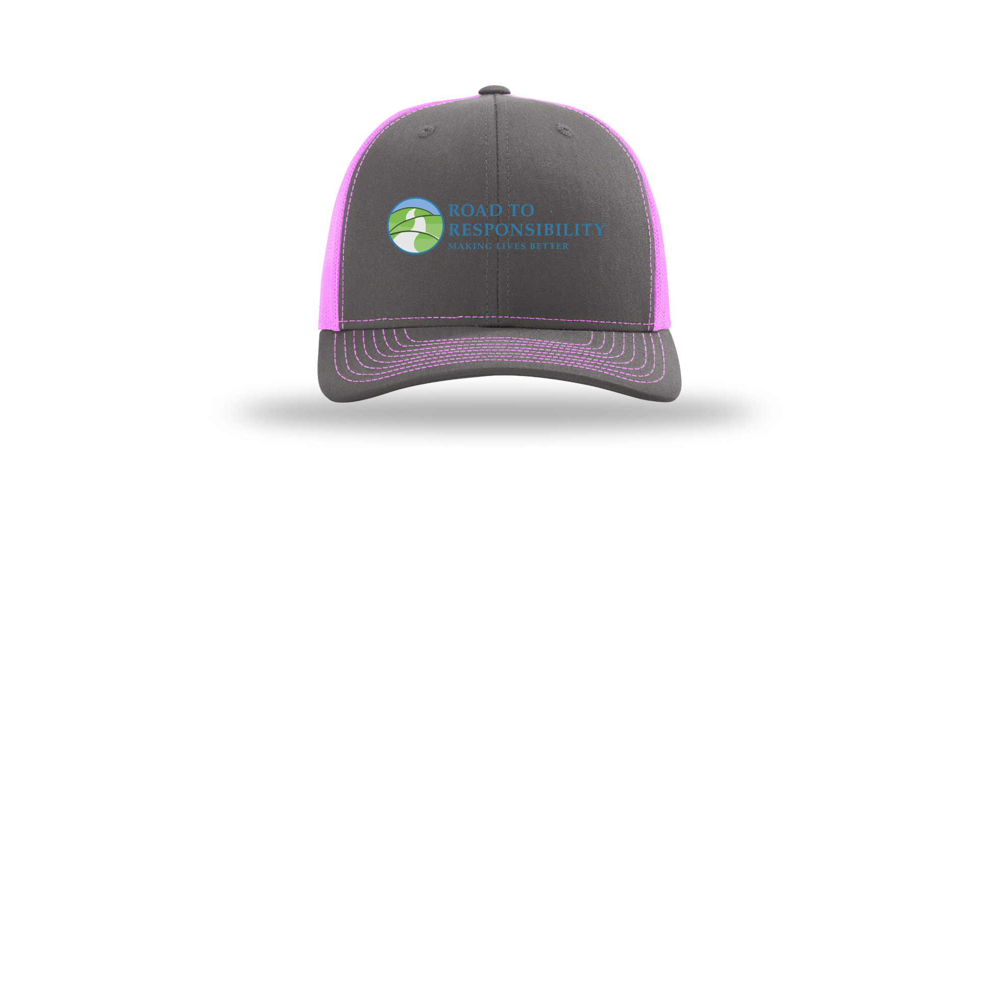 roadtoresponsibility-richardson-trucker-cap-embroidery-capfront-R112-charcoalneonpink-flat-front