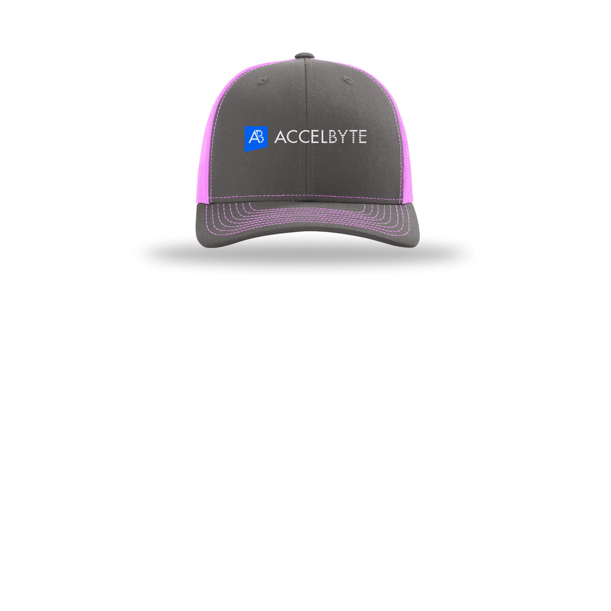 accelbyte-richardson-trucker-cap-embroidery-capfront-R112-charcoalneonpink-flat-front