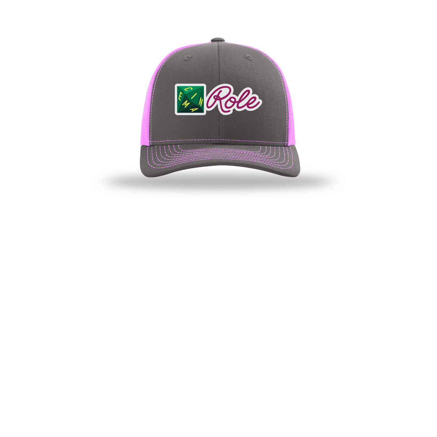 cinemarole-richardson-trucker-cap-embroidery-capfront-R112-charcoalneonpink-flat-front