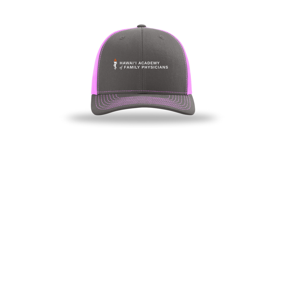 hafp-richardson-trucker-cap-embroidery-capfront-R112-charcoalneonpink-flat-front
