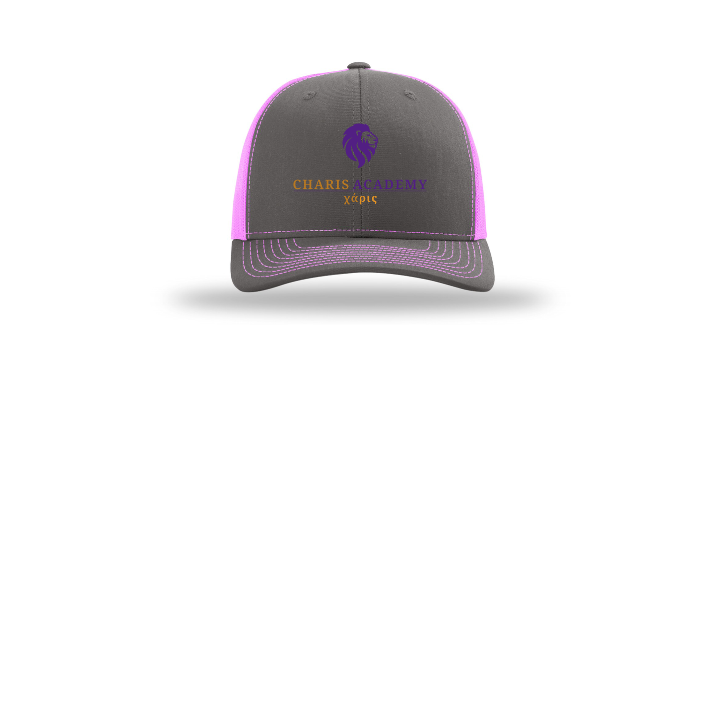 cahazleton-richardson-trucker-cap-embroidery-capfront-R112-charcoalneonpink-flat-front