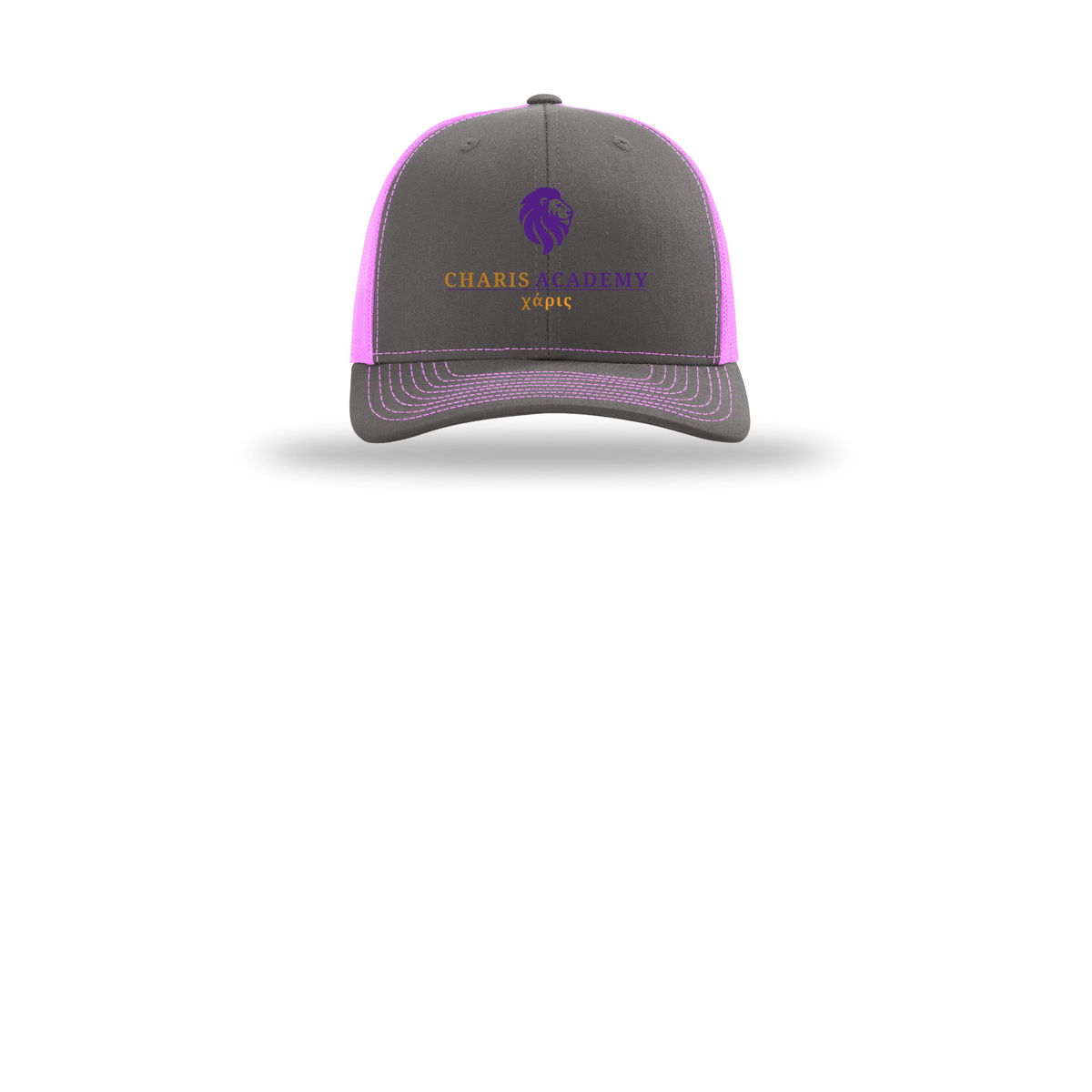 cahazleton-richardson-trucker-cap-embroidery-capfront-R112-charcoalneonpink-flat-front