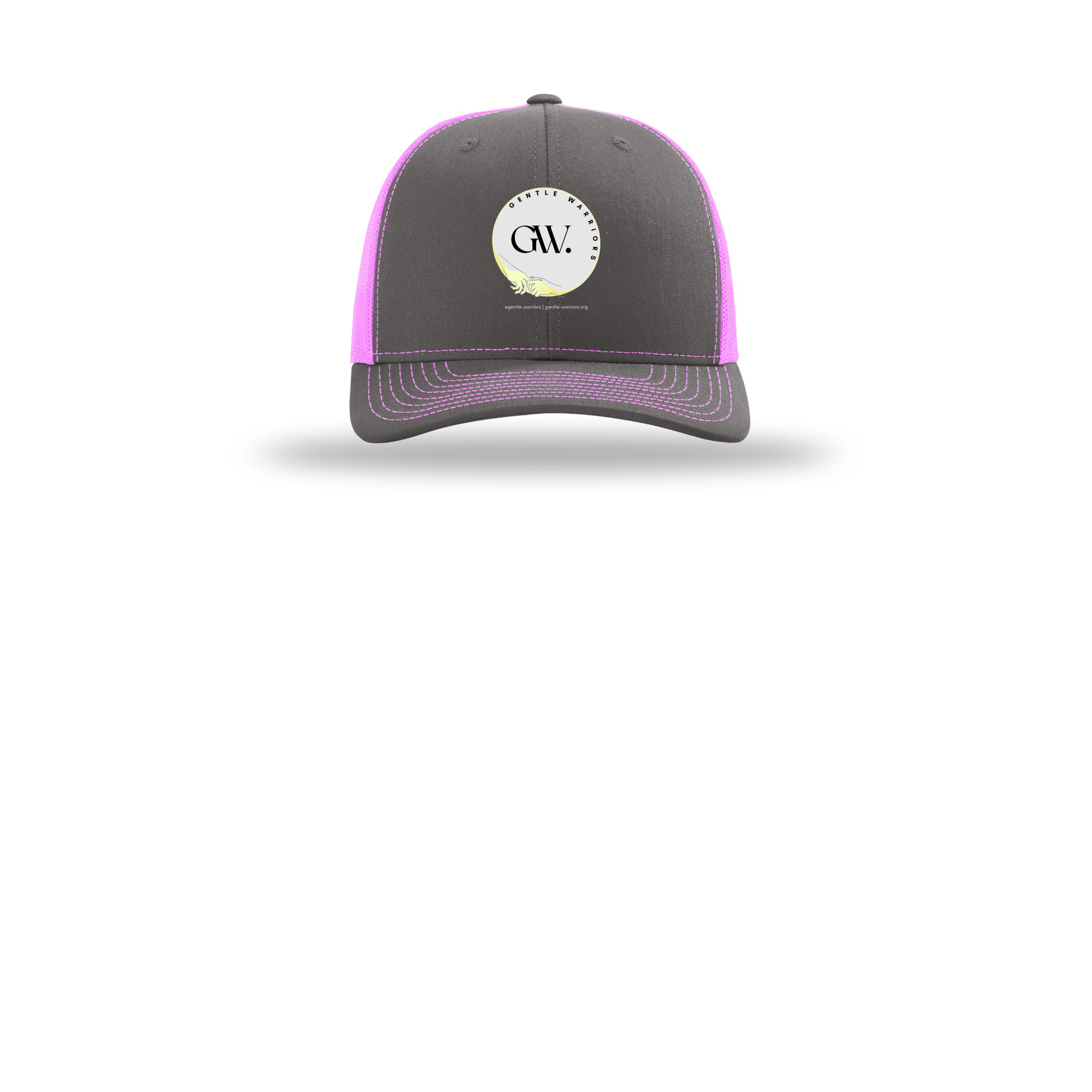 gentle-warriors-richardson-trucker-cap-embroidery-capfront-R112-charcoalneonpink-flat-front