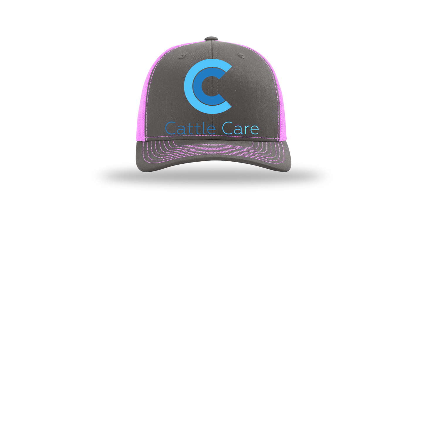 cattle-care-richardson-trucker-cap-embroidery-capfront-R112-charcoalneonpink-flat-front
