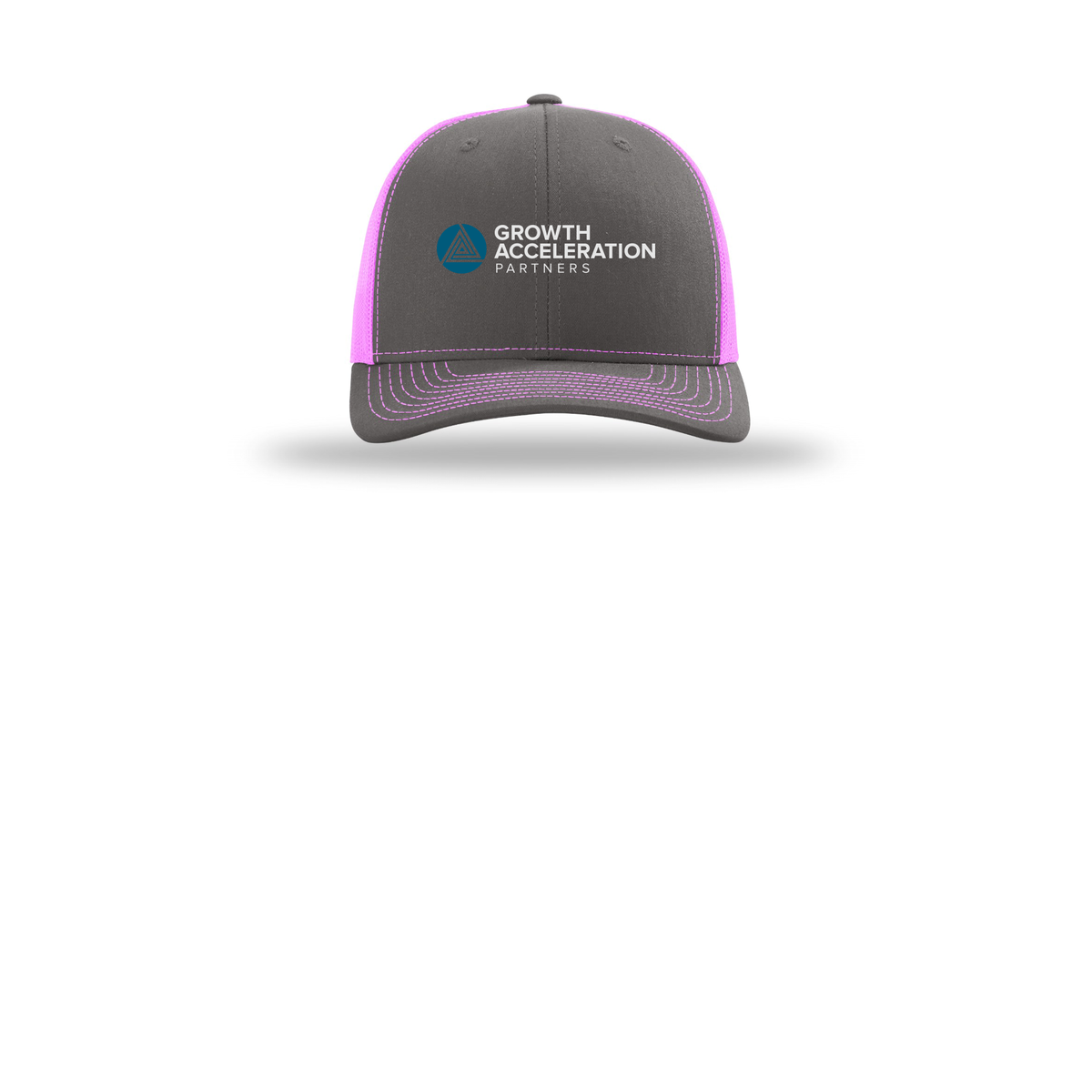 growthaccelerationpartners-richardson-trucker-cap-embroidery-capfront-R112-charcoalneonpink-flat-front