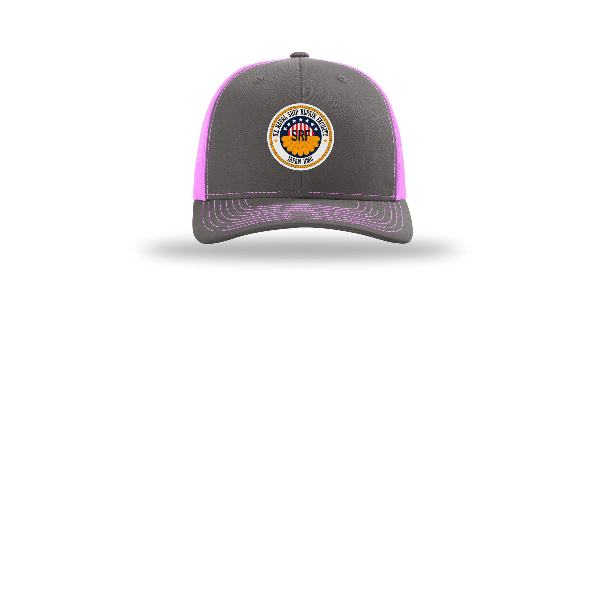 srf-jrmc-richardson-trucker-cap-embroidery-capfront-R112-charcoalneonpink-flat-front