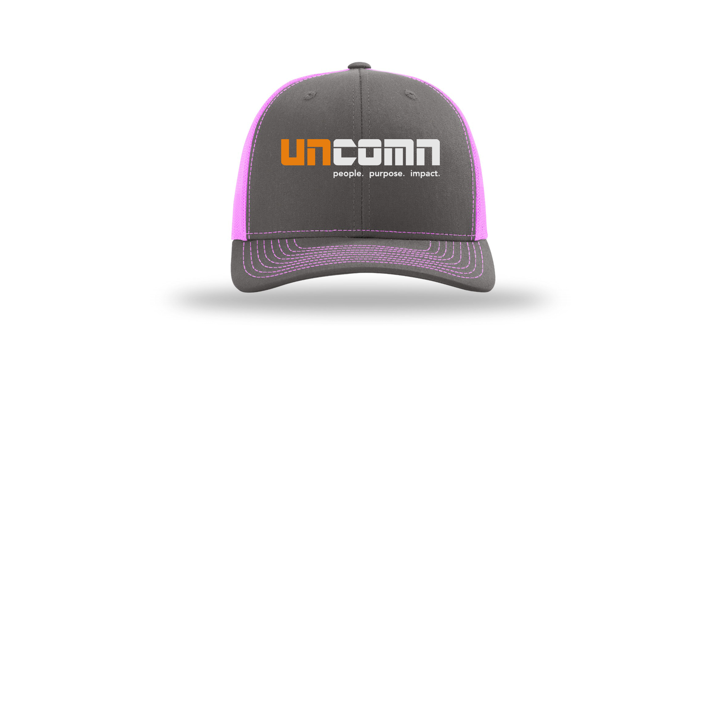 uncomn-richardson-trucker-cap-embroidery-capfront-R112-charcoalneonpink-flat-front