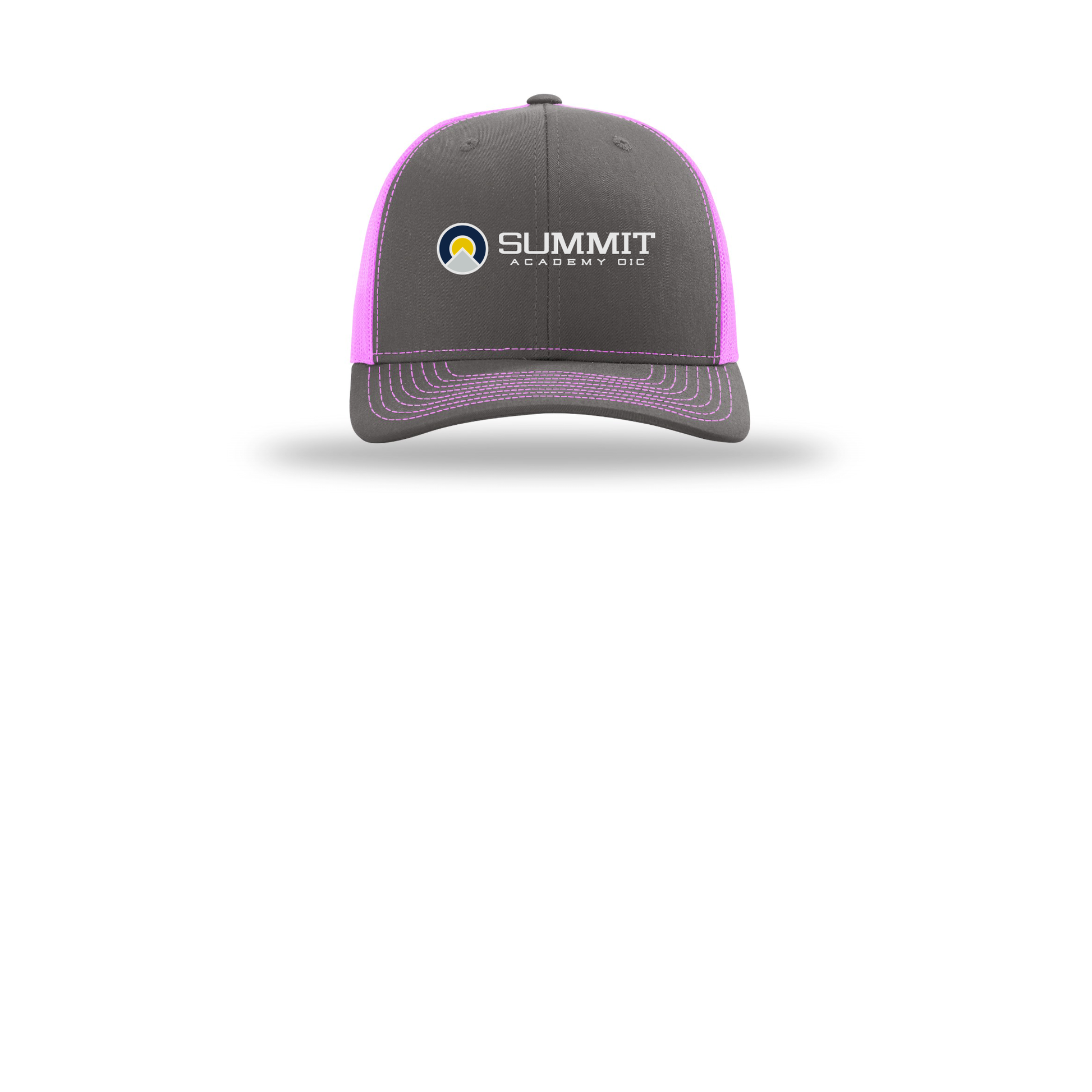 saoic-richardson-trucker-cap-embroidery-capfront-R112-charcoalneonpink-flat-front