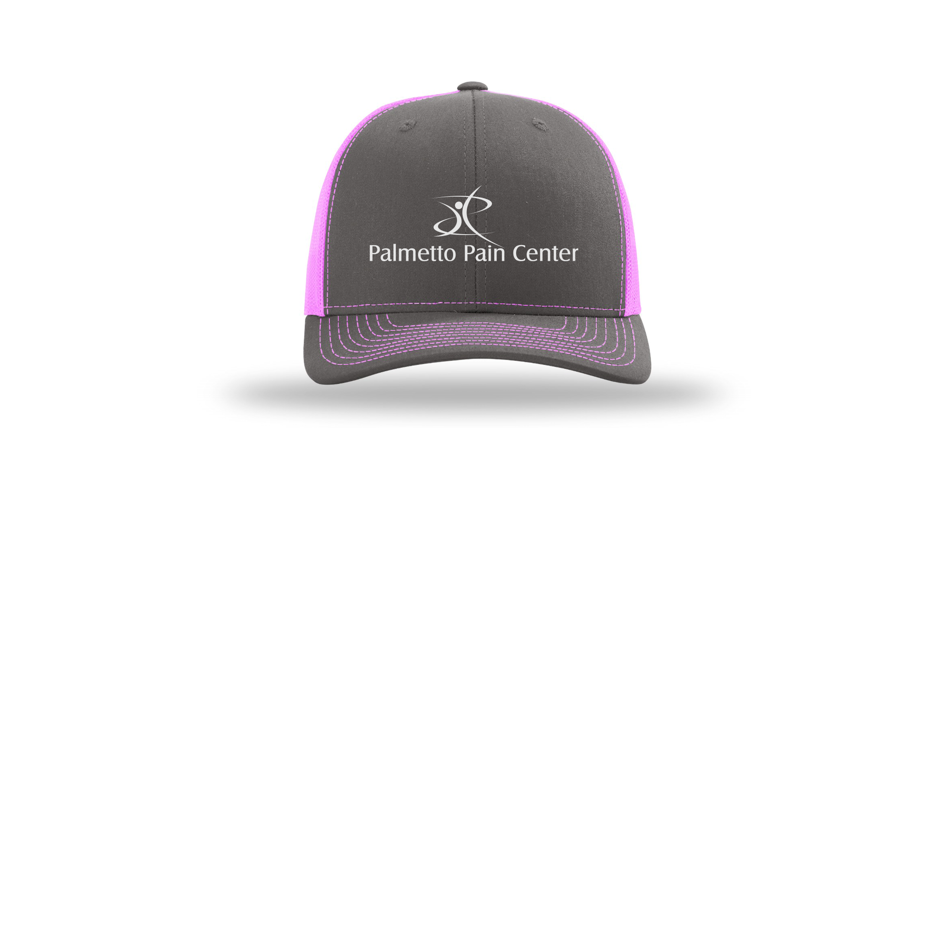 palmetto-pain-center-richardson-trucker-cap-embroidery-capfront-R112-charcoalneonpink-flat-front