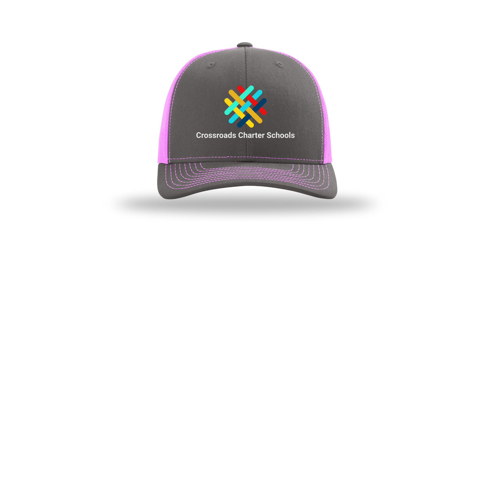 crossroadsschoolskc-richardson-trucker-cap-embroidery-capfront-R112-charcoalneonpink-flat-front