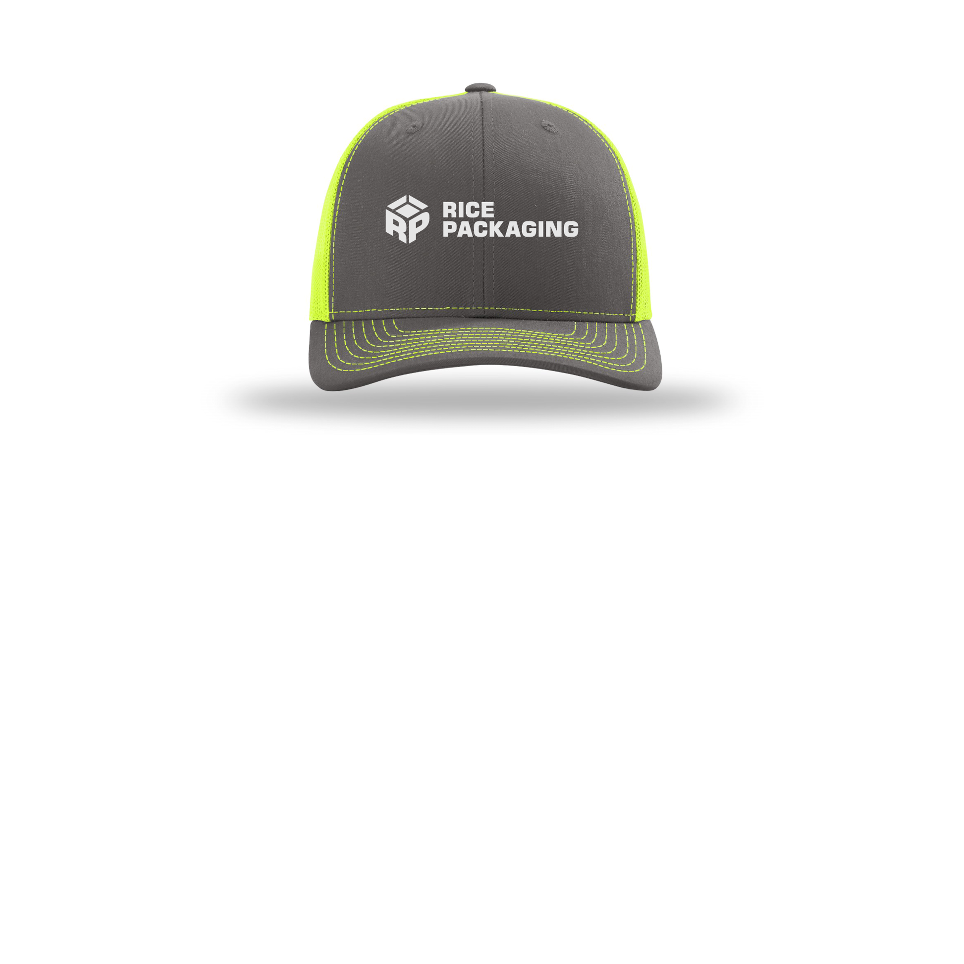 ricepackaging-richardson-trucker-cap-embroidery-capfront-R112-charcoalneonyellow-flat-front