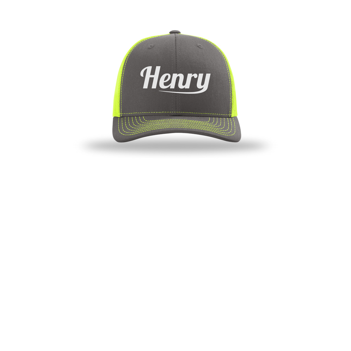 henrymeds-richardson-trucker-cap-embroidery-capfront-R112-charcoalneonyellow-flat-front