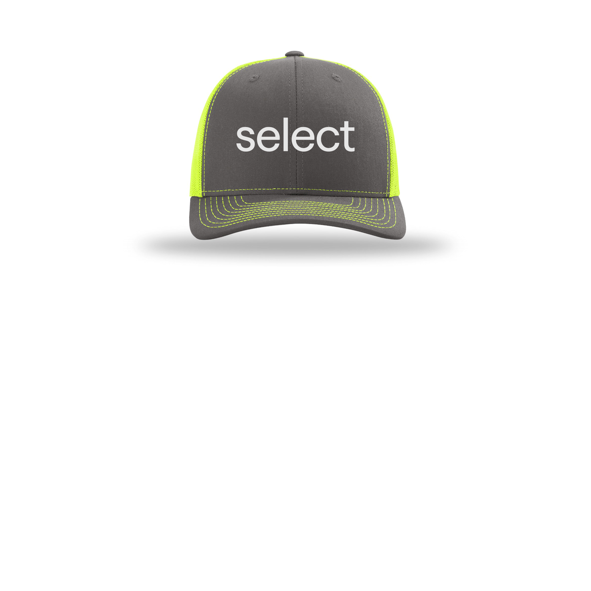 meetselect-richardson-trucker-cap-embroidery-capfront-R112-charcoalneonyellow-flat-front