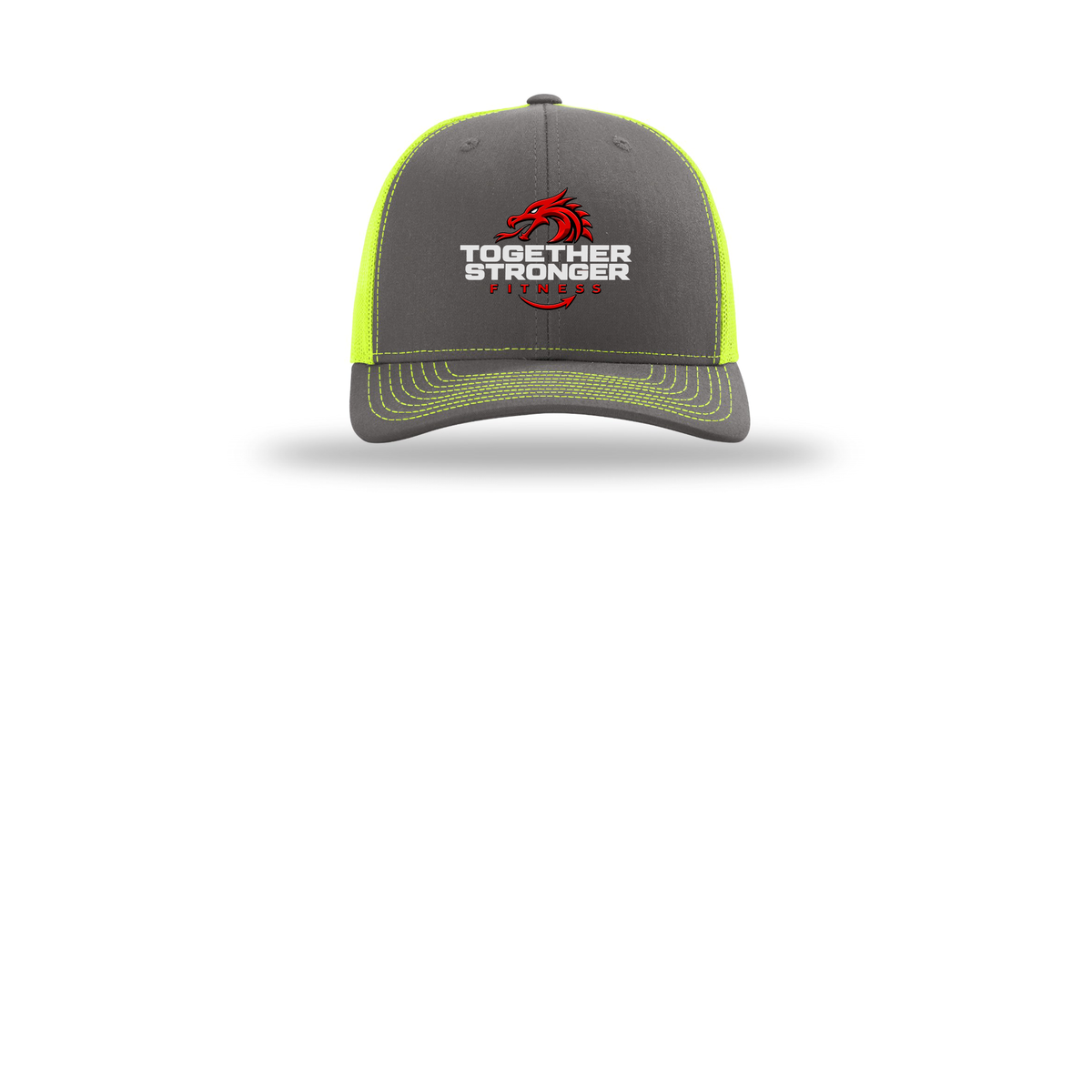 togetherstrongerfitness-richardson-trucker-cap-embroidery-capfront-R112-charcoalneonyellow-flat-front