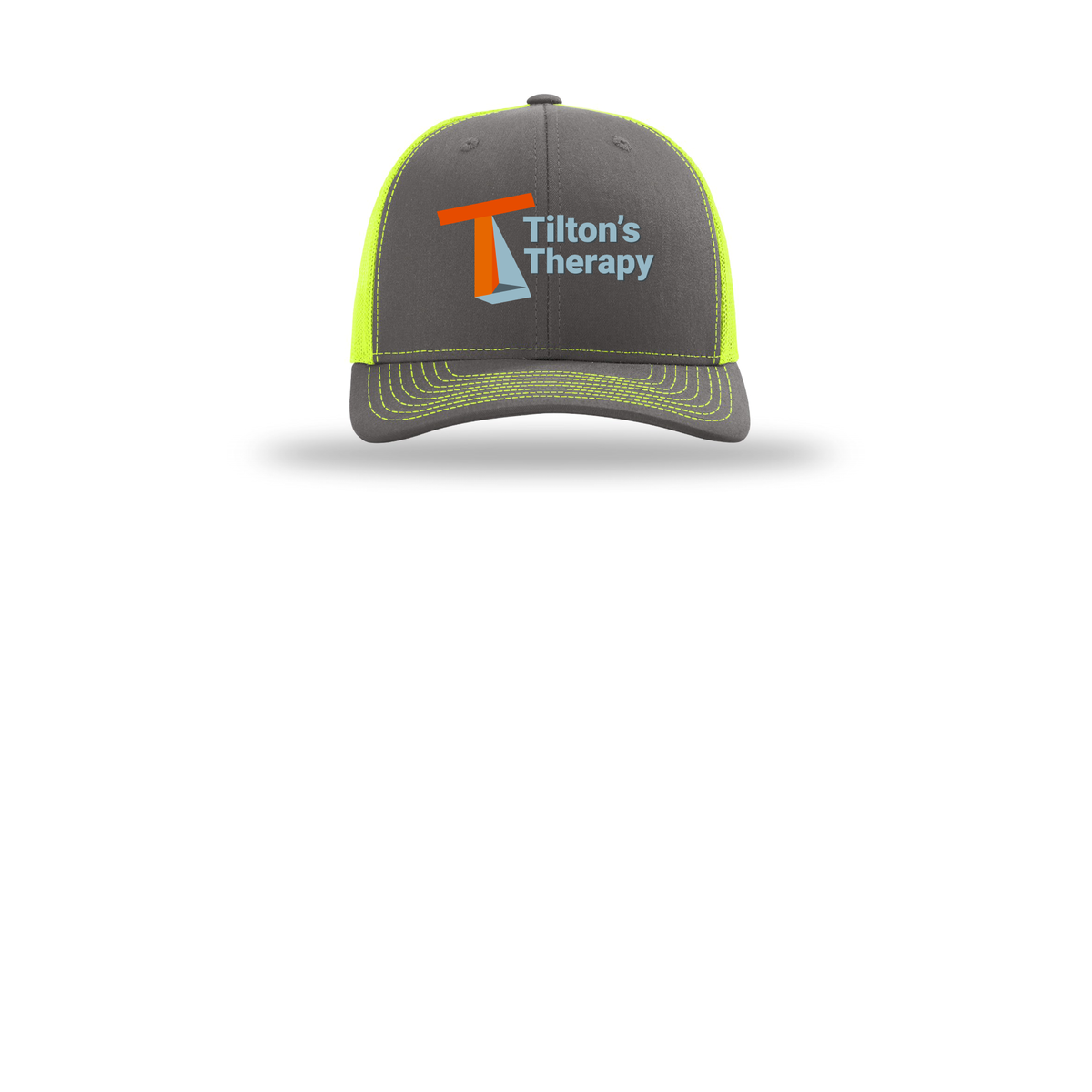 tiltonstherapy-richardson-trucker-cap-embroidery-capfront-R112-charcoalneonyellow-flat-front