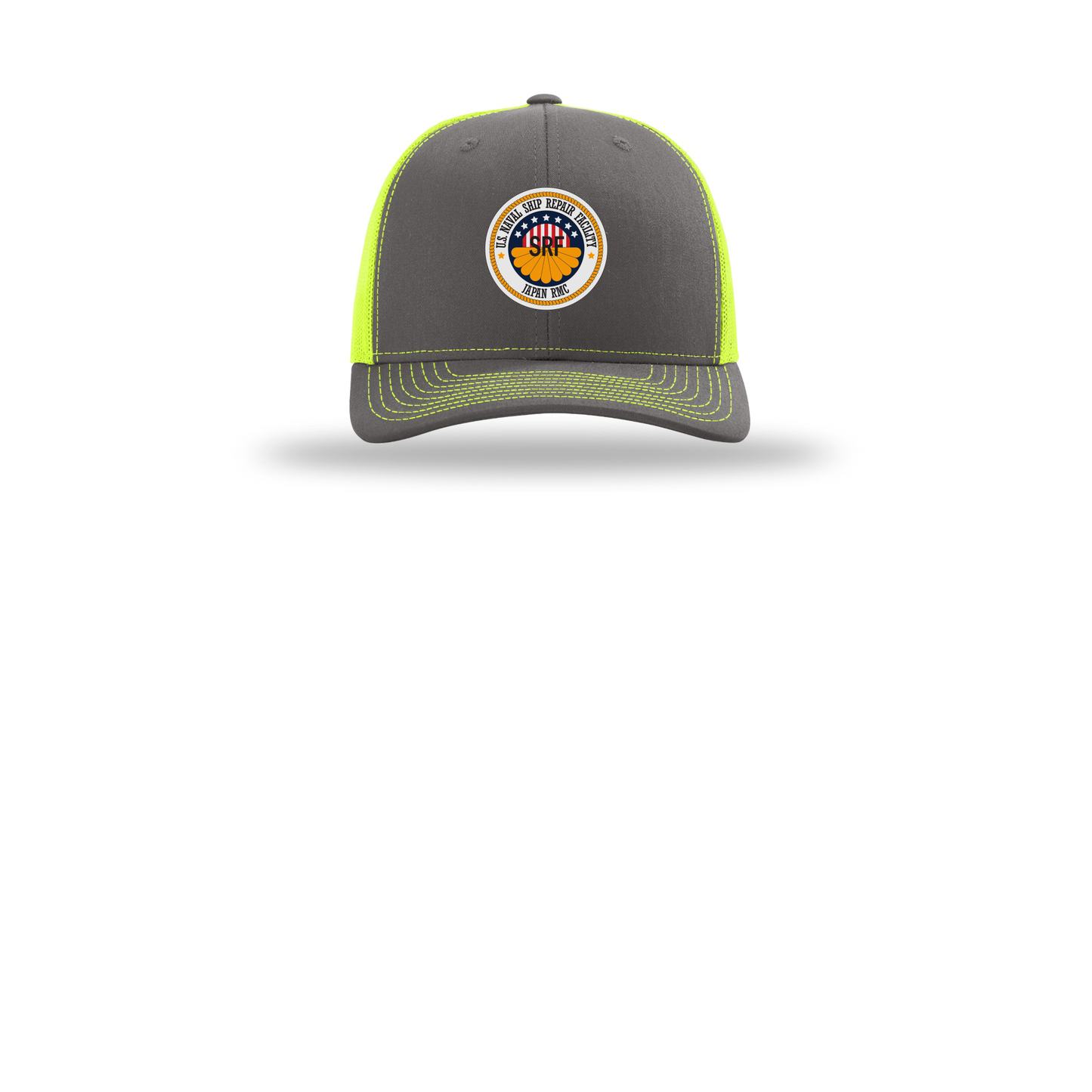 srf-jrmc-richardson-trucker-cap-embroidery-capfront-R112-charcoalneonyellow-flat-front