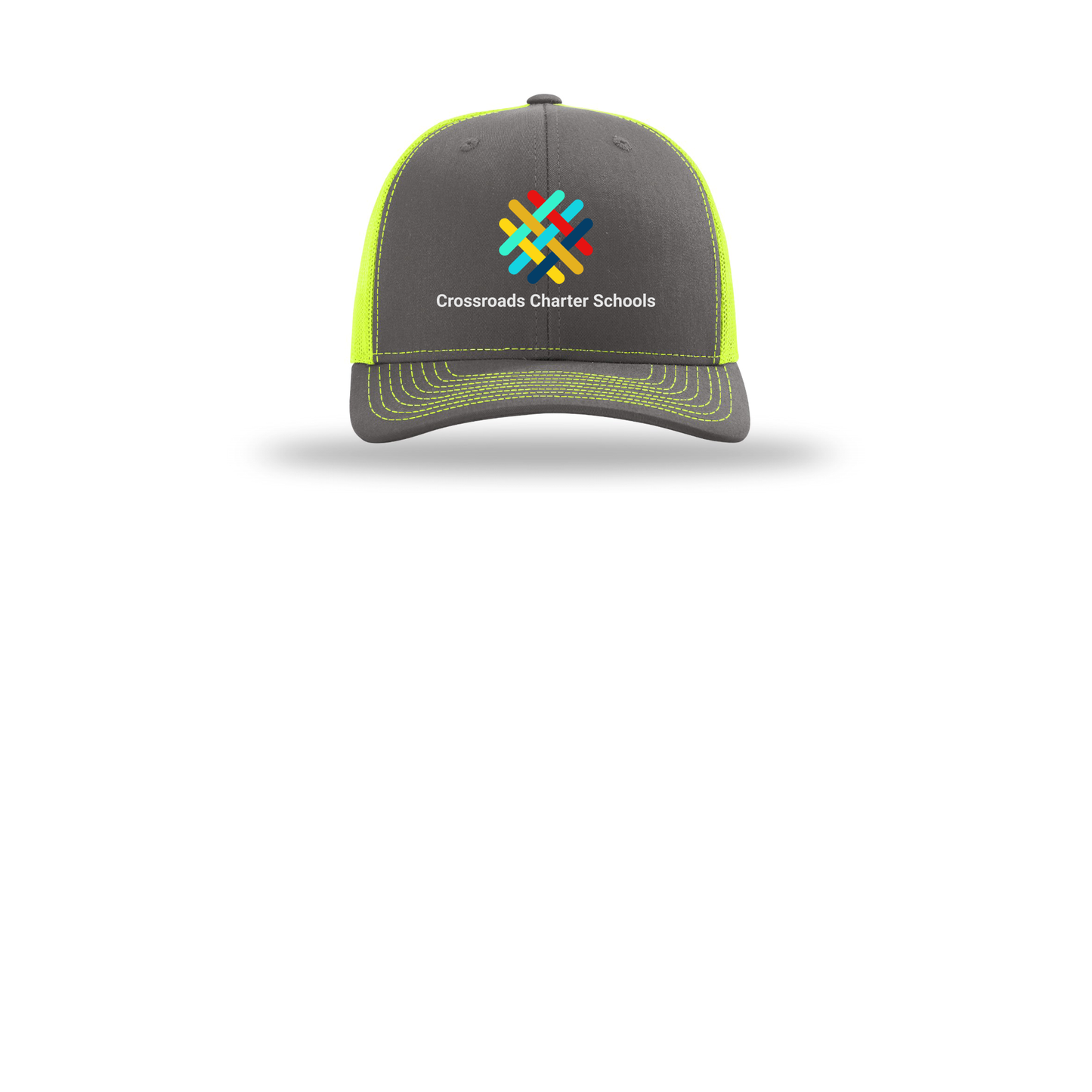 crossroadsschoolskc-richardson-trucker-cap-embroidery-capfront-R112-charcoalneonyellow-flat-front